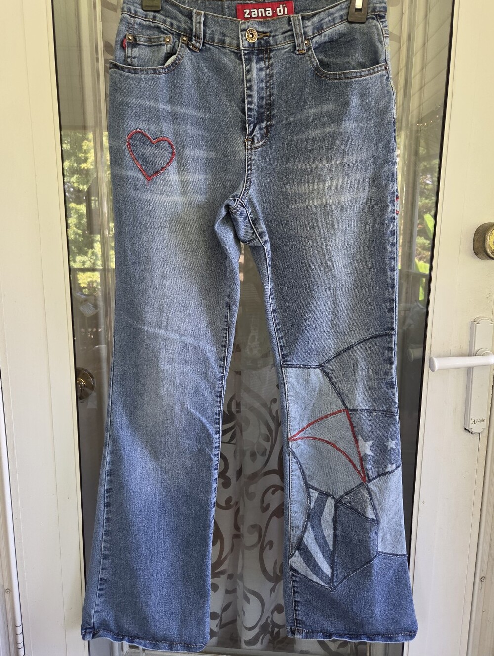 Zana Di Retro Light Blue Flare Jeans with Red Embroidered Heart Patchwork. Sz 5